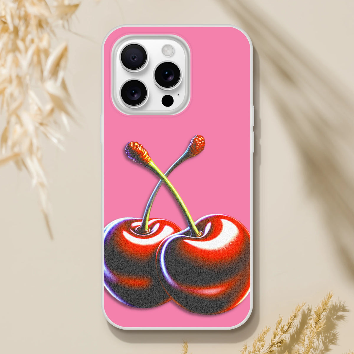 Pink iPhone case with cherry motif, retro Y2K aesthetic for iPhone 13-16, slim matte TPU cover.