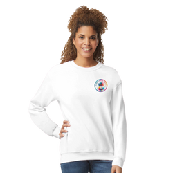 White sweatshirt for women with retro tropical palm tree graphic on chest, offering cozy comfort and holiday vibes.