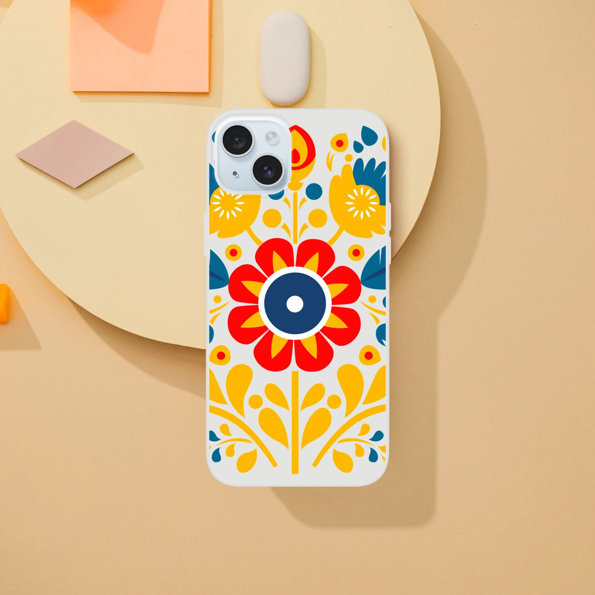Floral phone case slim protective cover for iPhone 13-16 with bold yellow red blue flower pattern.
