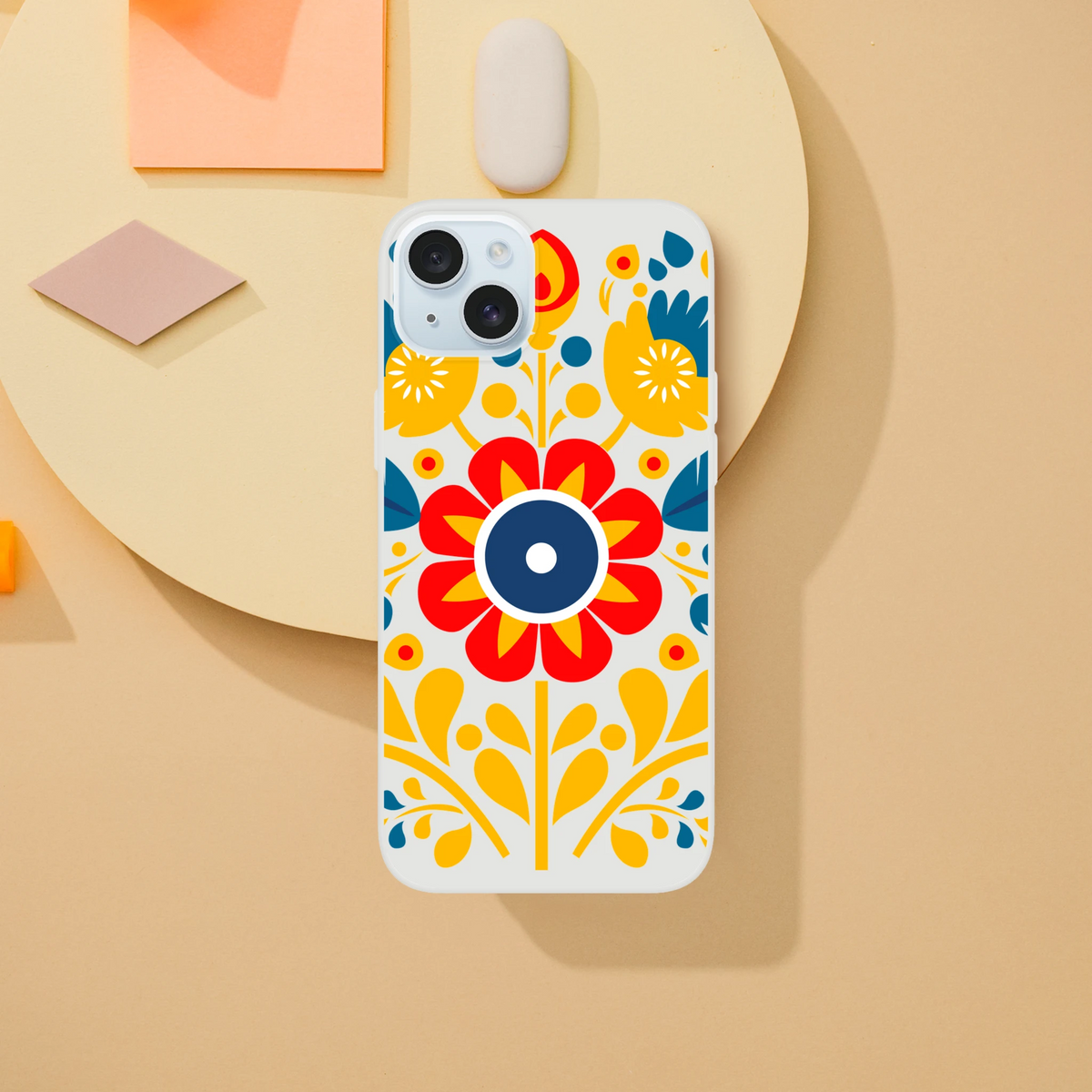 Floral phone case slim protective cover for iPhone 13-16 with bold yellow red blue flower pattern.