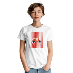Women's white t-shirt featuring a vintage red scooter graphic on red and white vertical stripes. Retro mod streetwear design.