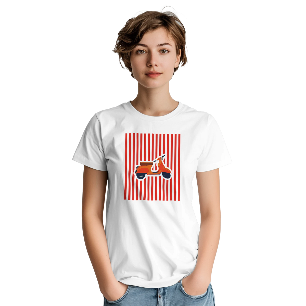 Women's white t-shirt featuring a vintage red scooter graphic on red and white vertical stripes. Retro mod streetwear design.
