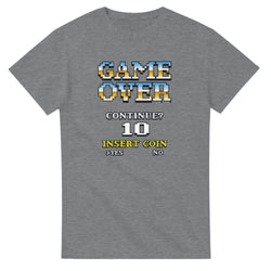Gray men's graphic T-shirt with retro pixel Game Over screen, Continue? 10 Insert Coin Yes No.