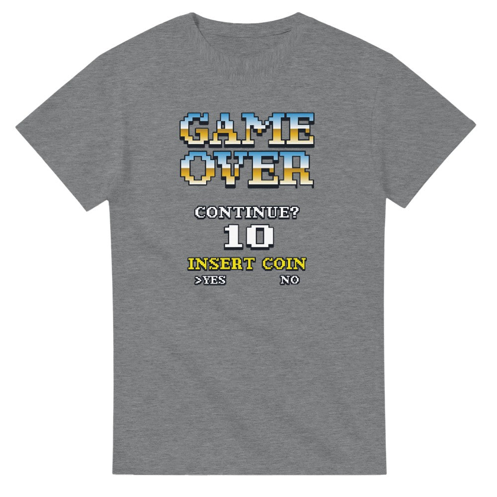 Gray men's graphic T-shirt with retro pixel Game Over screen, Continue? 10 Insert Coin Yes No.