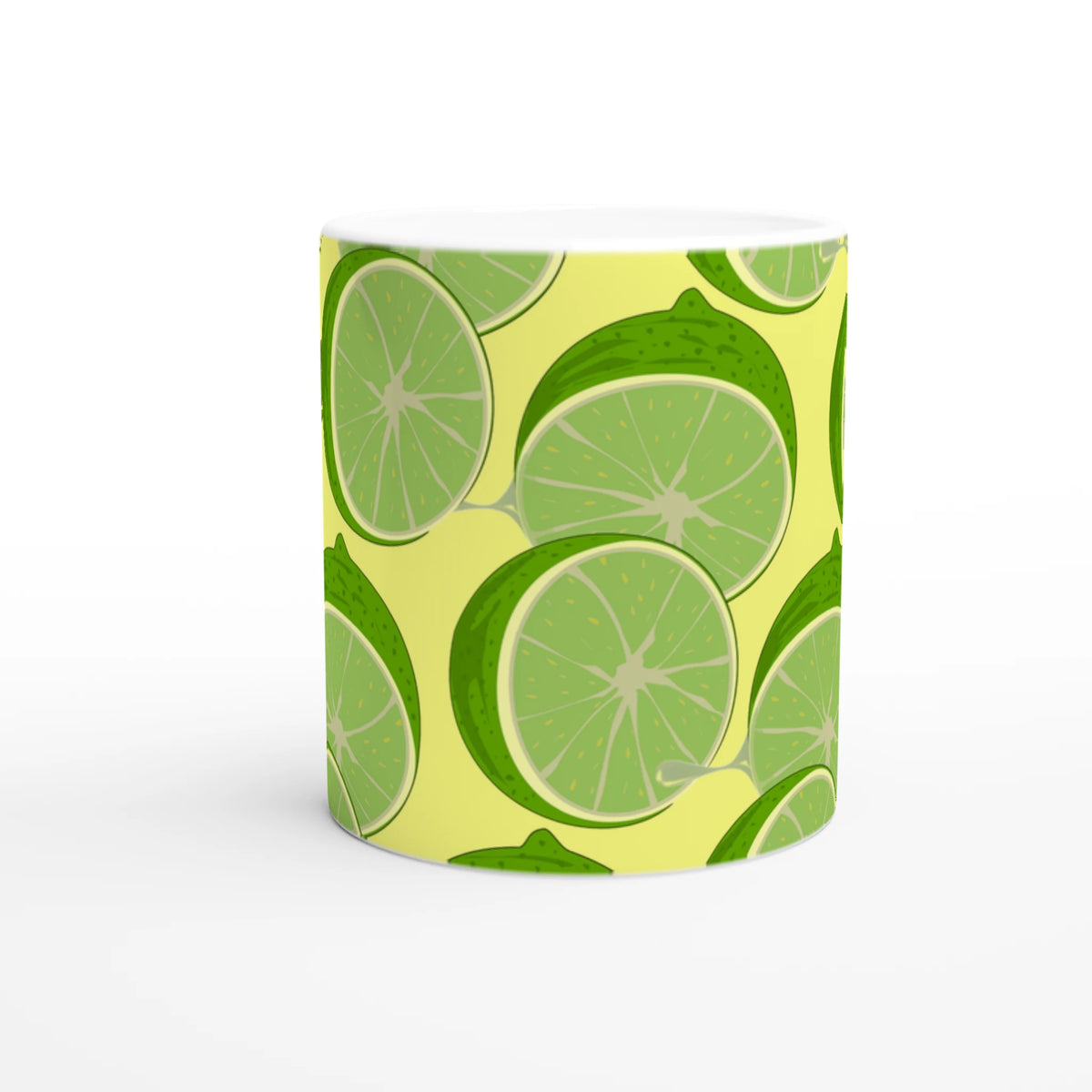 Lime slice pattern ceramic mug with lime wedges on a bright yellow background.