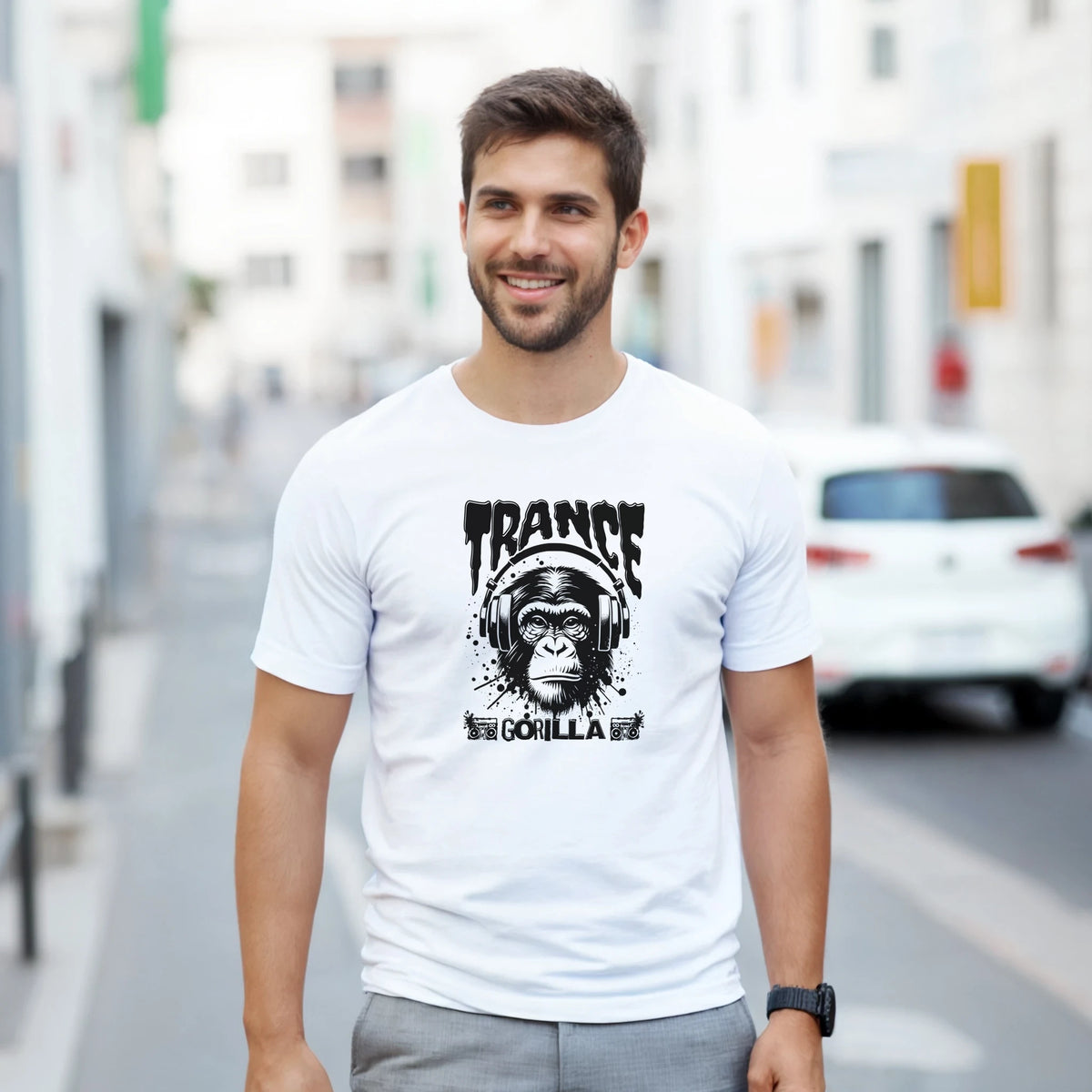 Men wearing white Trance DJ Monkey graphic tee featuring a gorilla with headphones and bold street art typography for电子 music culture.