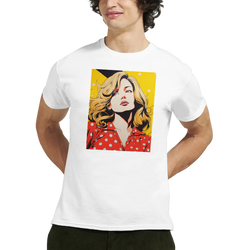 White vintage streetwear t-shirt featuring retro pop art print of a blonde woman in a red polka dot top.