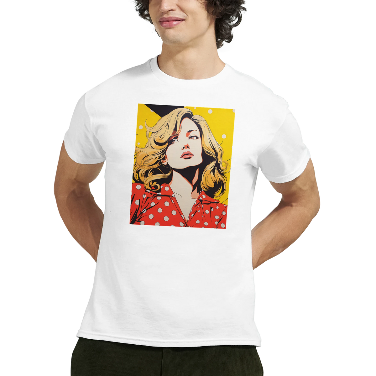 White vintage streetwear t-shirt featuring retro pop art print of a blonde woman in a red polka dot top.
