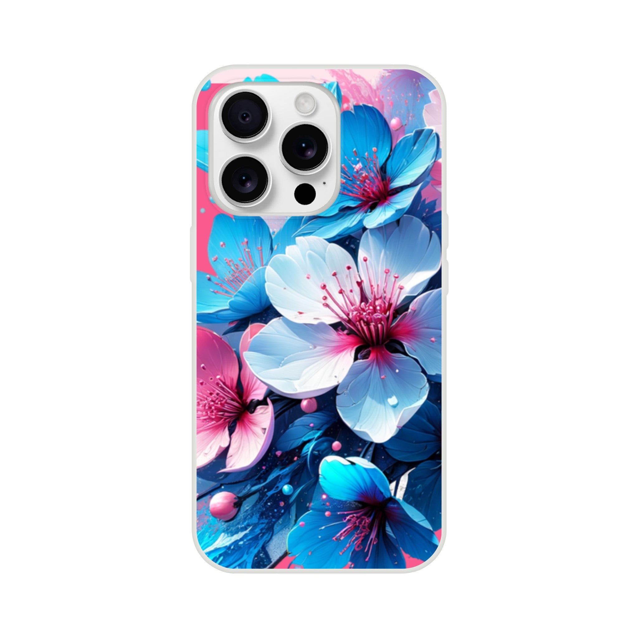 Blossom Floral iPhone Case with pastel blue and pink flowers, slim protective cover for iPhone 16/15/14/13.
