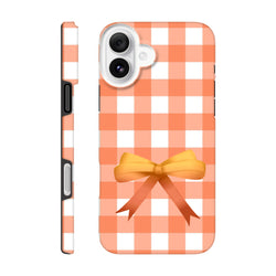 Orange gingham iPhone case with yellow bow. Cute coquette tough phone cover featuring bold check pattern and impact-resistant shielding.
