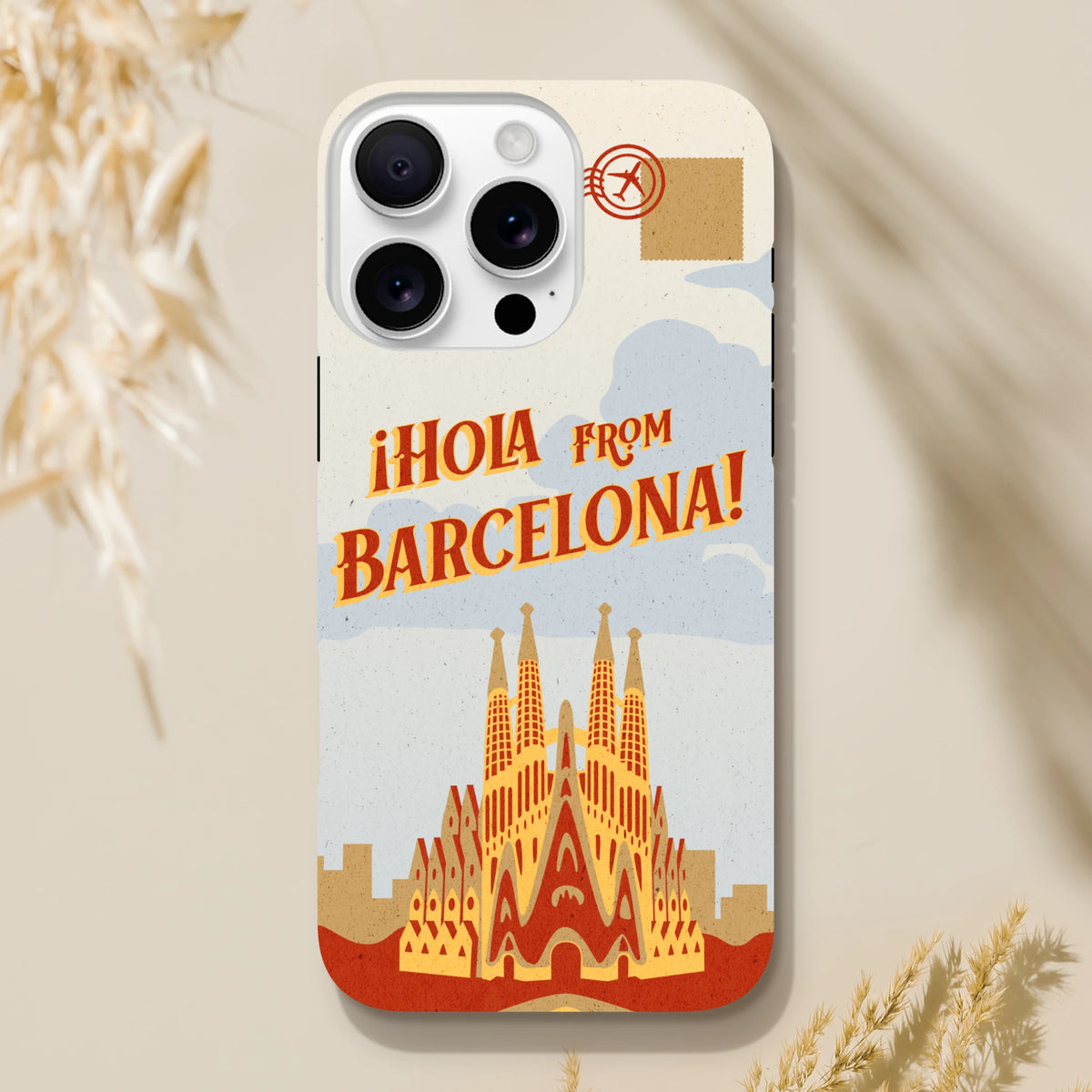 Barcelona Travel Postcard Tough iPhone Case for iPhone 13–16 with Spain wraparound postcard print.