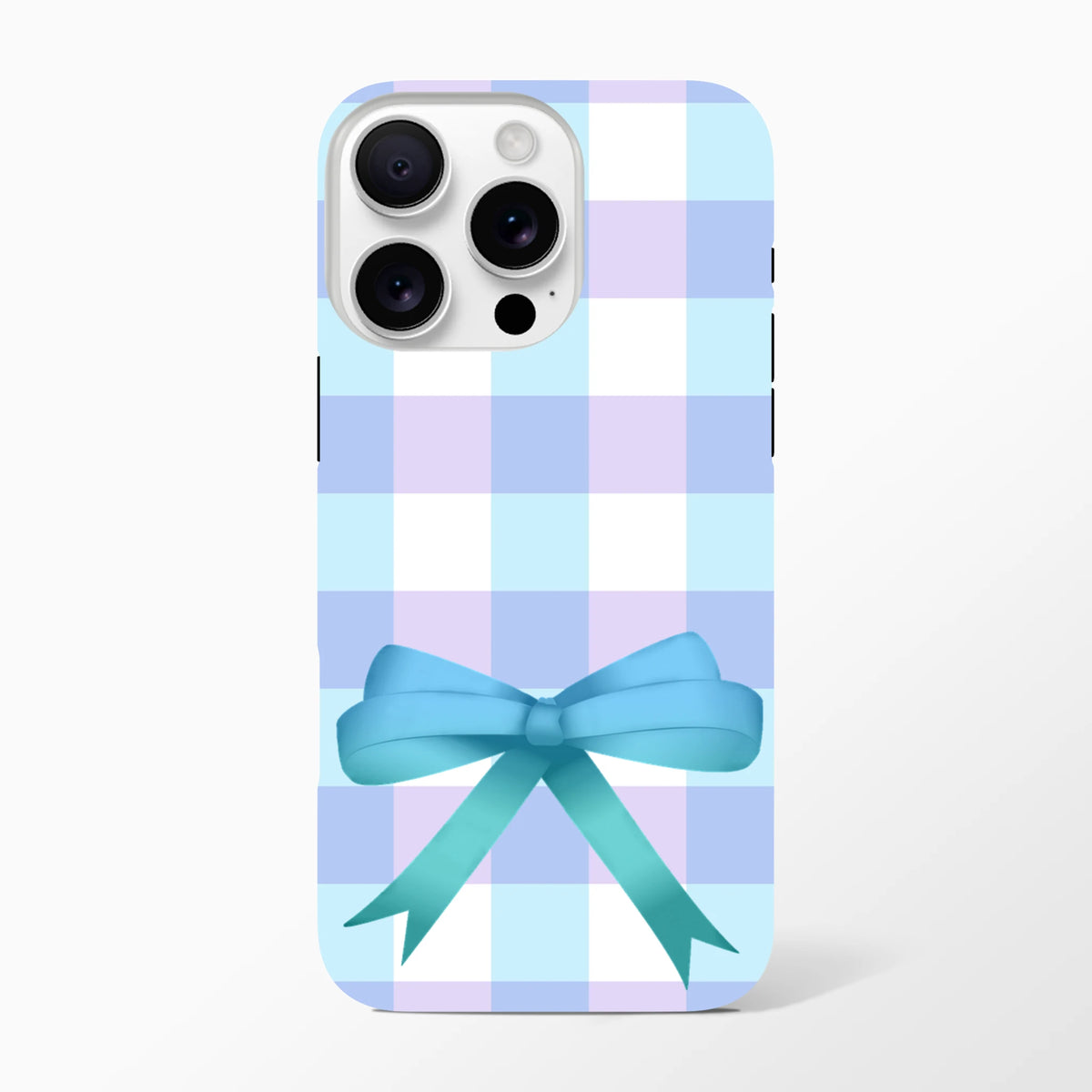 Pastel blue gingham iPhone case featuring a large 3D teal ribbon bow for a cute coquette streetwear aesthetic.