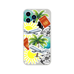 Transparent iPhone case featuring travel sticker design with palm trees, airplanes, passports, and compasses for urban exploration.