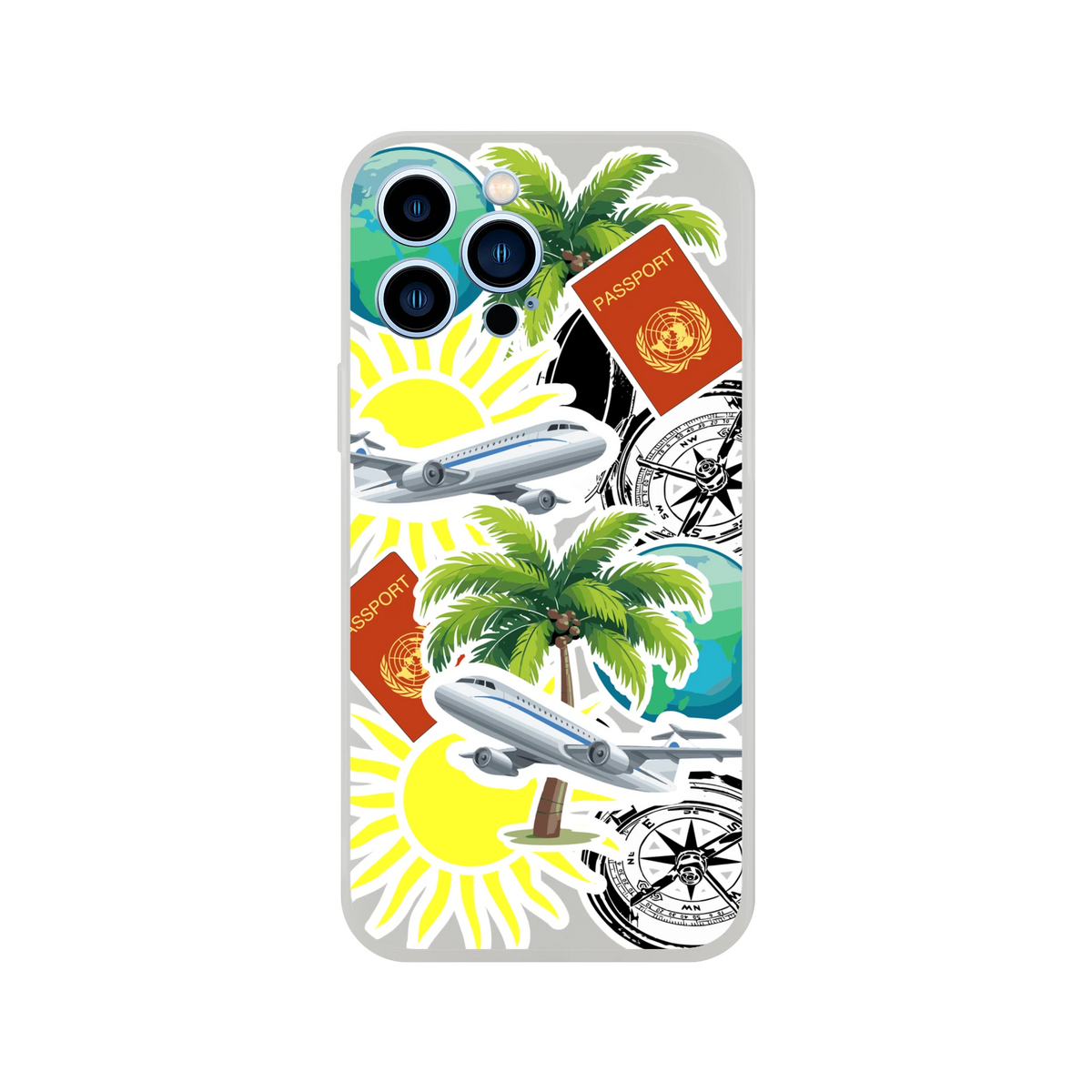 Transparent iPhone case featuring travel sticker design with palm trees, airplanes, passports, and compasses for urban exploration.