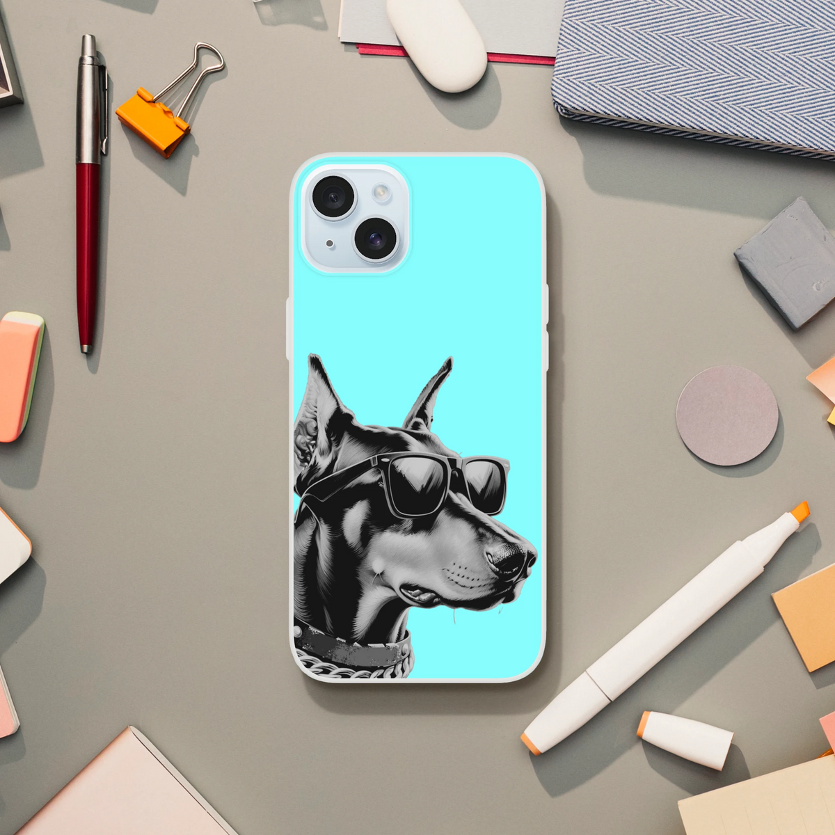 Cool Dog iPhone Case 13-16 retro aesthetic: slim matte TPU cover, blue background dog wearing sunglasses.