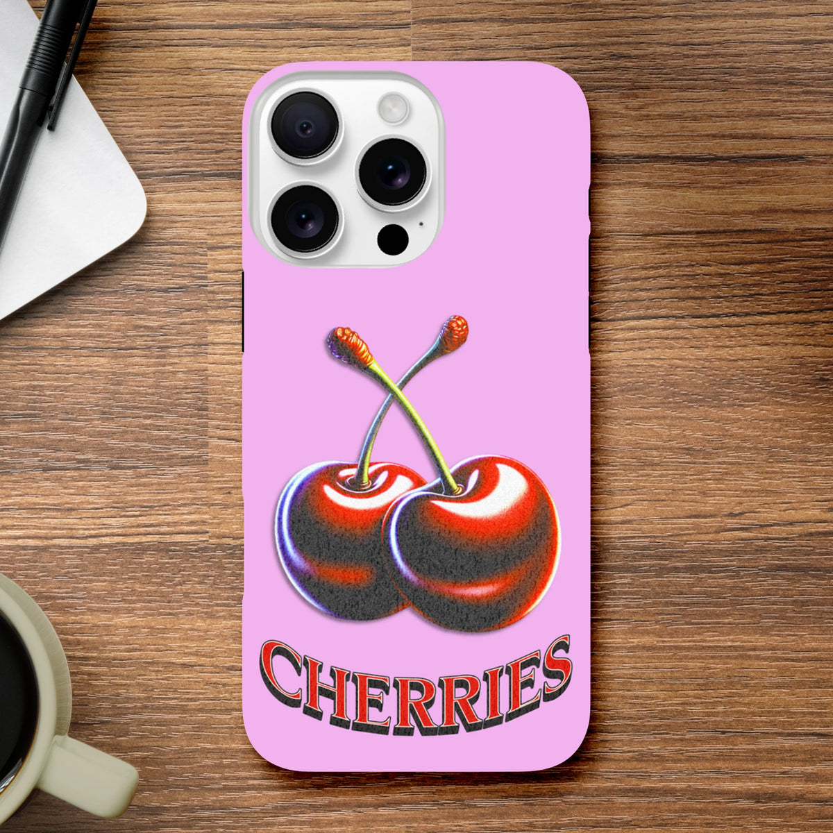 Pink iPhone case with retro Y2K cherry graphic and text, offering tough protection for daily commutes and festivals.