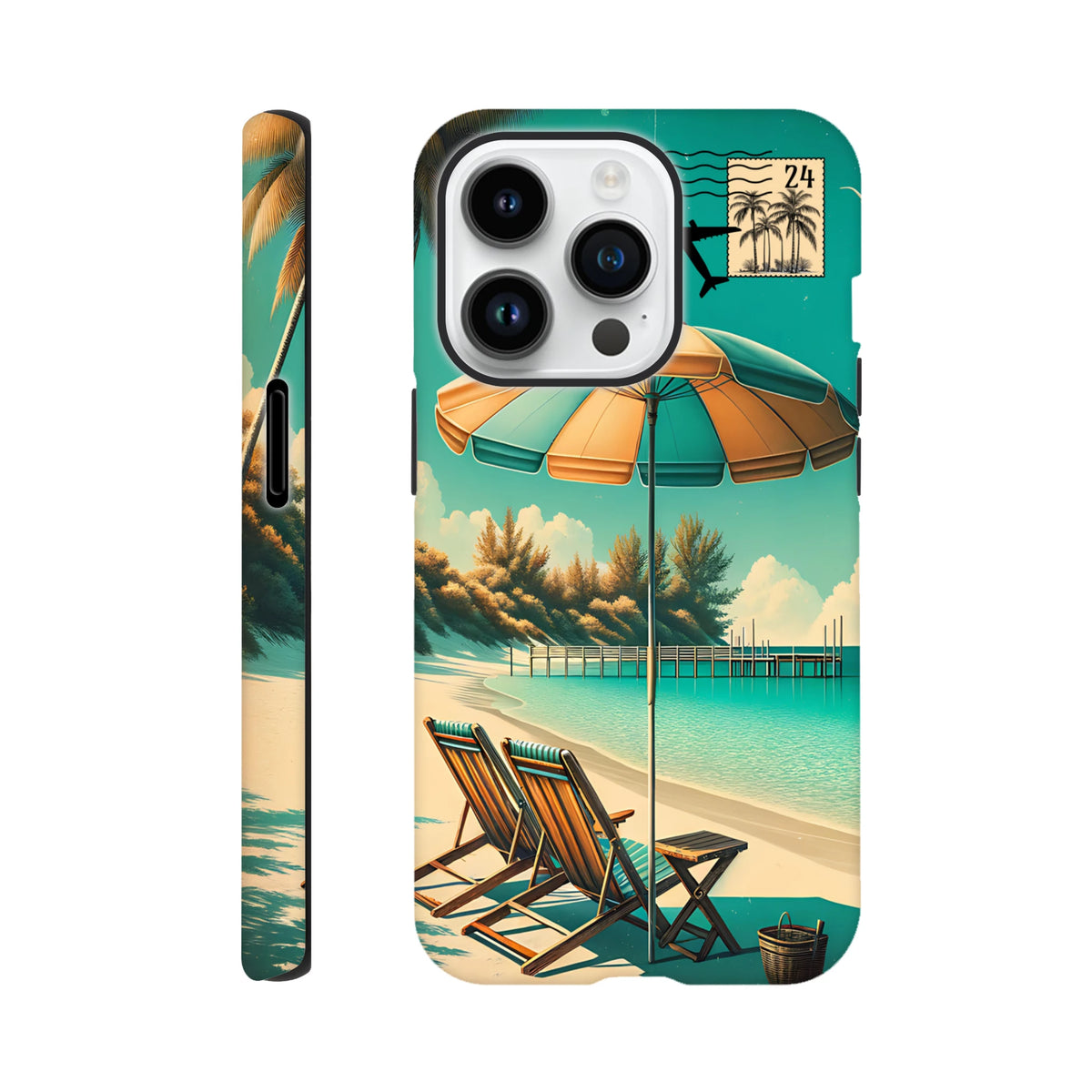 Vintage beach holiday iPhone case featuring retro seaside lounge chairs, striped umbrella, and nostalgic postage stamp design.