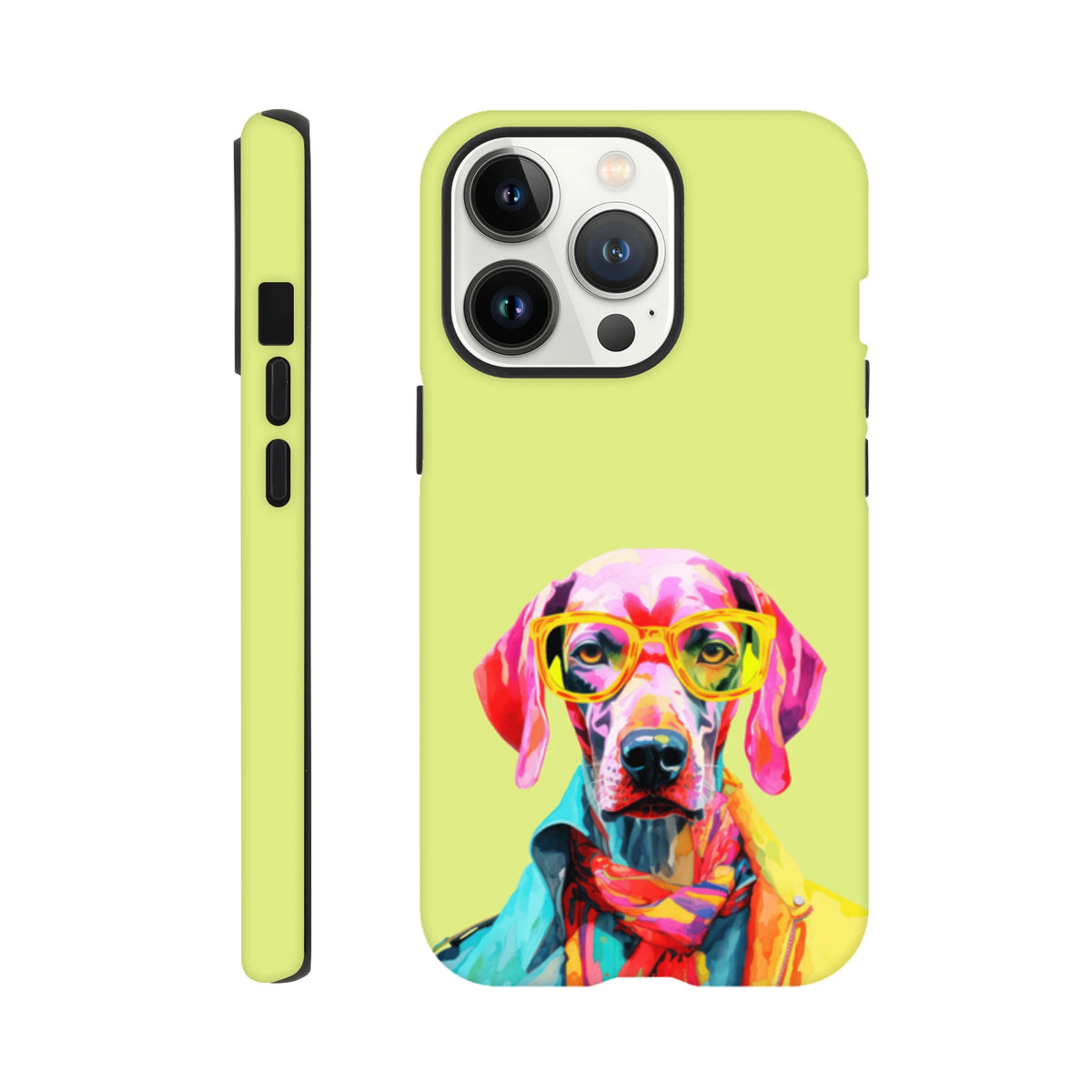 Vibrant pop art dog wearing glasses and jacket on a lime green tough iPhone case.