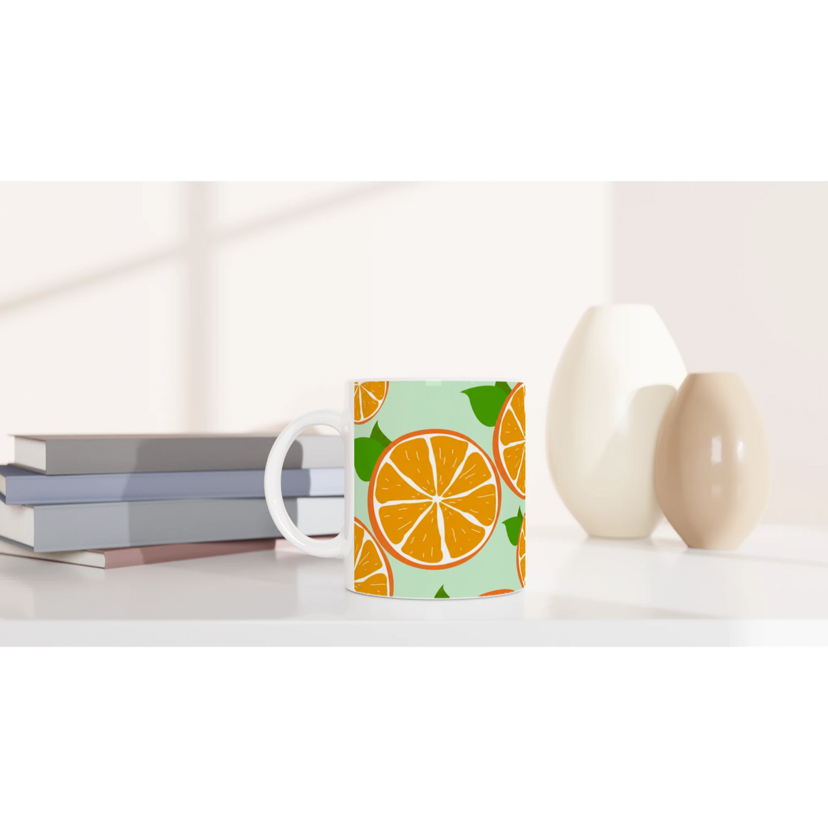 Cute orange mug with citrus slice design for coffee or tea.