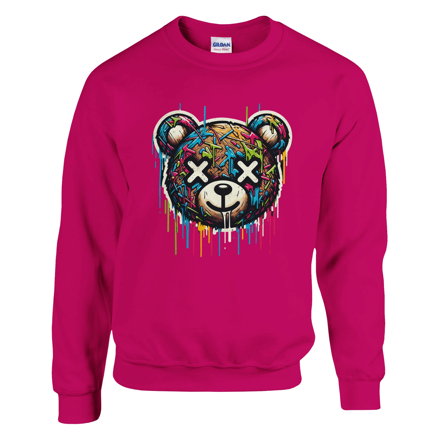 Pink men's graphic sweatshirt with a colorful bear graphic on a white background