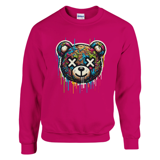 Pink men's graphic sweatshirt with a colorful bear graphic on a white background