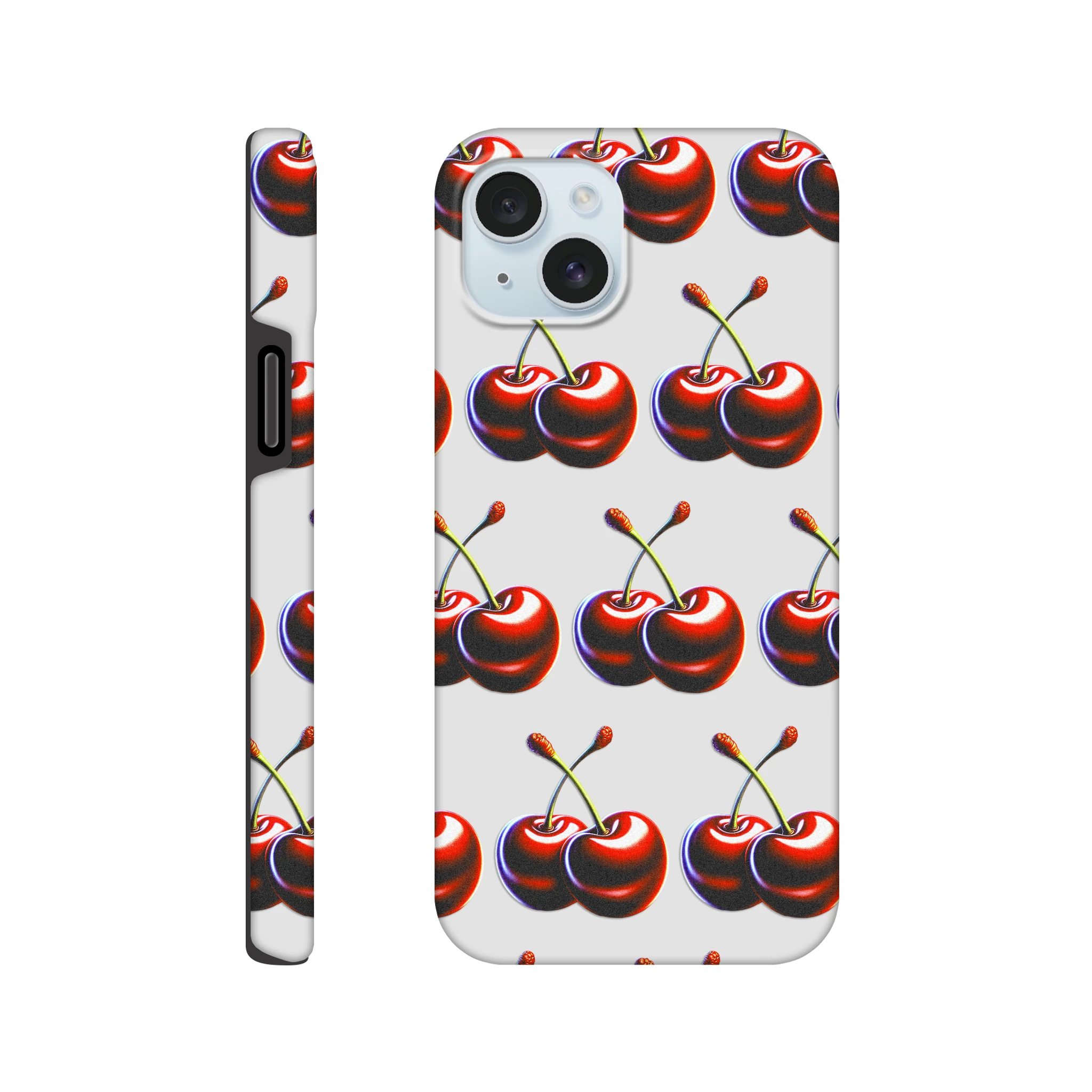 Cherries tough protective iPhone case for 16/15/14/13 with wraparound print on back and sides, glossy finish.