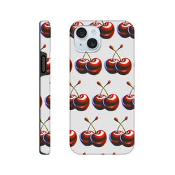 Cherries tough protective iPhone case for 16/15/14/13 with wraparound print on back and sides, glossy finish.