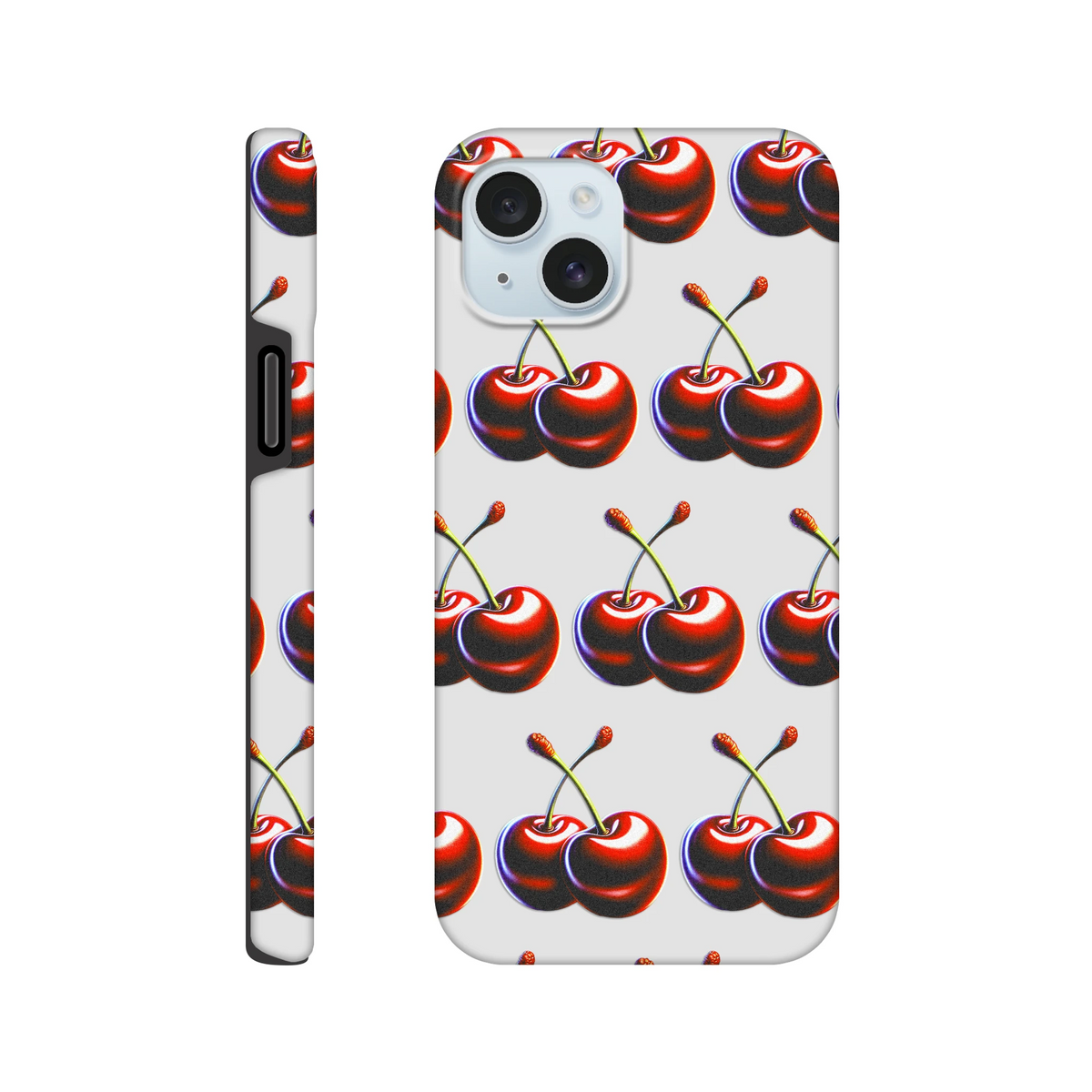 Cherries tough protective iPhone case for 16/15/14/13 with wraparound print on back and sides, glossy finish.