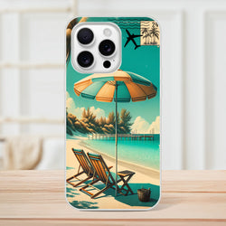 Vintage postcard iPhone case with tropical beach scene, teal background, palm trees and umbrellas.