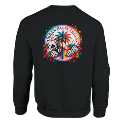 Black sweatshirt featuring a colorful tropical retro back print with an 8 ball, dice, palm tree, and "Urban Palm Trees" text.
