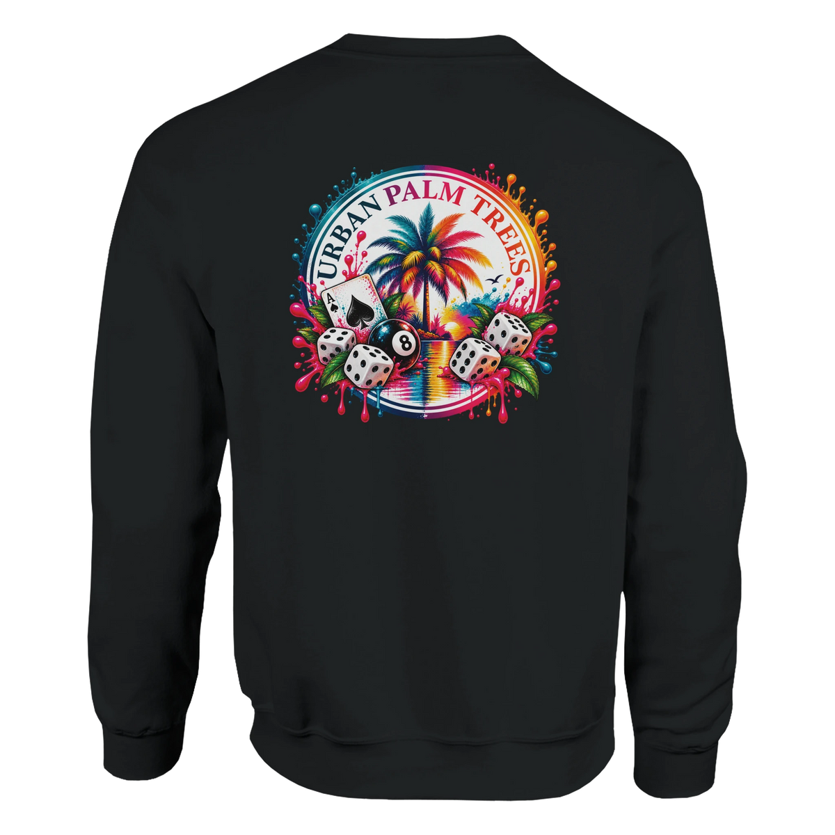Black sweatshirt featuring a colorful tropical retro back print with an 8 ball, dice, palm tree, and "Urban Palm Trees" text.