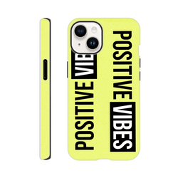 Yellow iPhone case featuring bold vertical "POSITIVE VIBES" text in black and white blocks, designed for durability and streetwear style.
