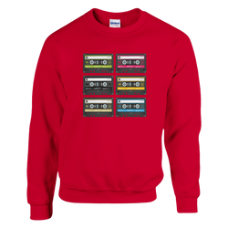 Red men's sweatshirt featuring six colorful retro cassette tape graphics in a grid, capturing vintage 90s music nostalgia for streetwear.