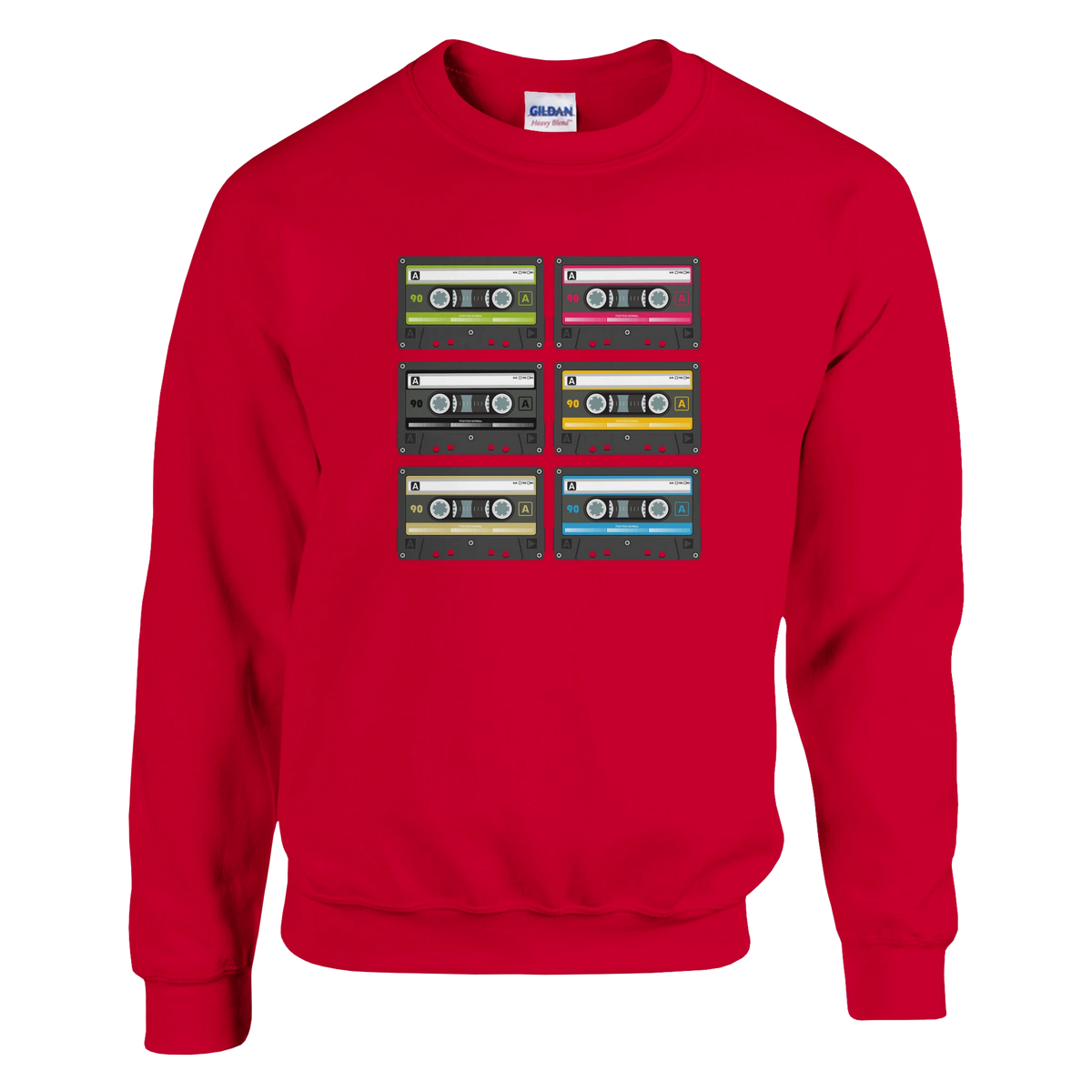 Red men's sweatshirt featuring six colorful retro cassette tape graphics in a grid, capturing vintage 90s music nostalgia for streetwear.