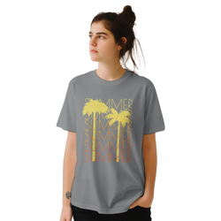 Woman wearing Cute Summer T-shirt for Women with retro palm sun graphic on gray tee