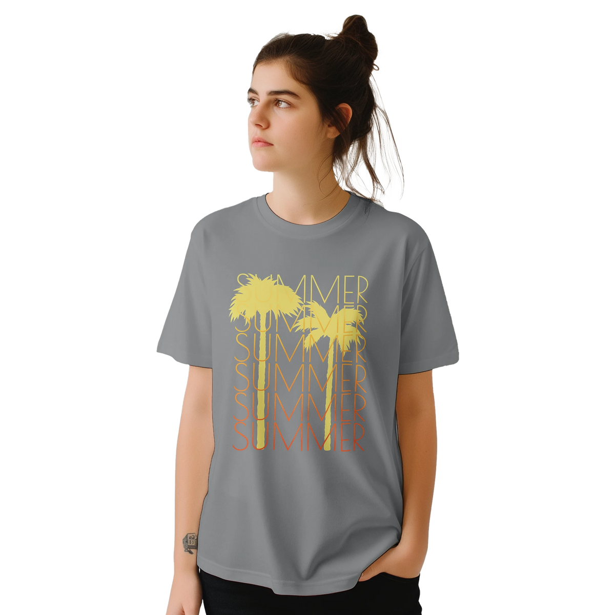 Woman wearing Cute Summer T-shirt for Women with retro palm sun graphic on gray tee