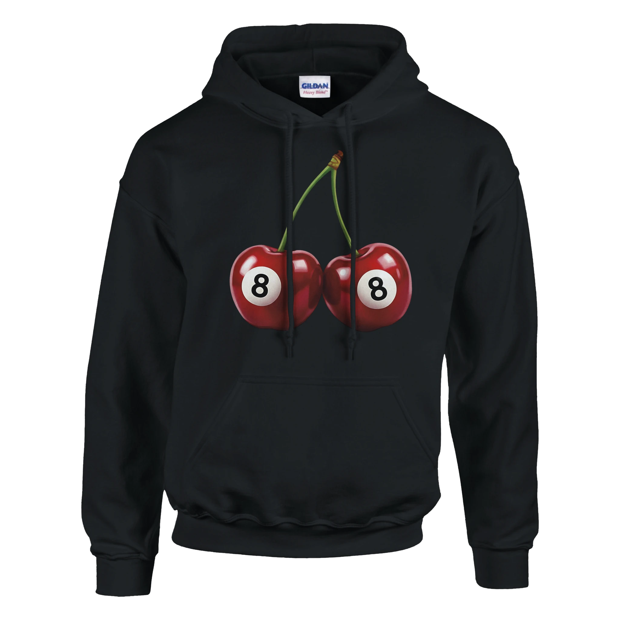 Lucky Cherries Jumper women's hoodie in black with twin red cherries and 8-ball print.