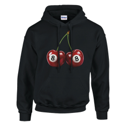 Lucky Cherries Jumper women's hoodie in black with twin red cherries and 8-ball print.