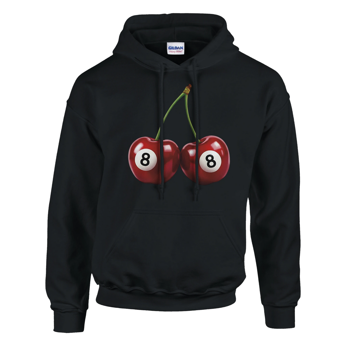 Lucky Cherries Jumper women's hoodie in black with twin red cherries and 8-ball print.
