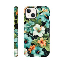 Tropical hibiscus floral iPhone case featuring teal, white, and orange flowers with lush green leaves on a dark background.