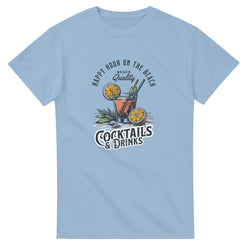 Happy Hour women's graphic tee featuring tropical cocktails on light blue cotton blend shirt, sizes S-XL.