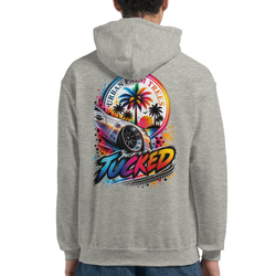 Grey Tucked car hoodie featuring a colorful lowrider car graphic with palm trees and Urban Palm Trees text on the back.