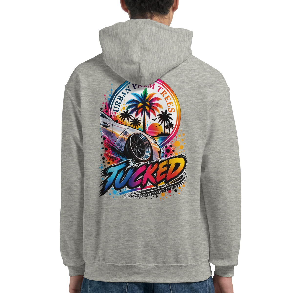 Grey Tucked car hoodie featuring a colorful lowrider car graphic with palm trees and Urban Palm Trees text on the back.