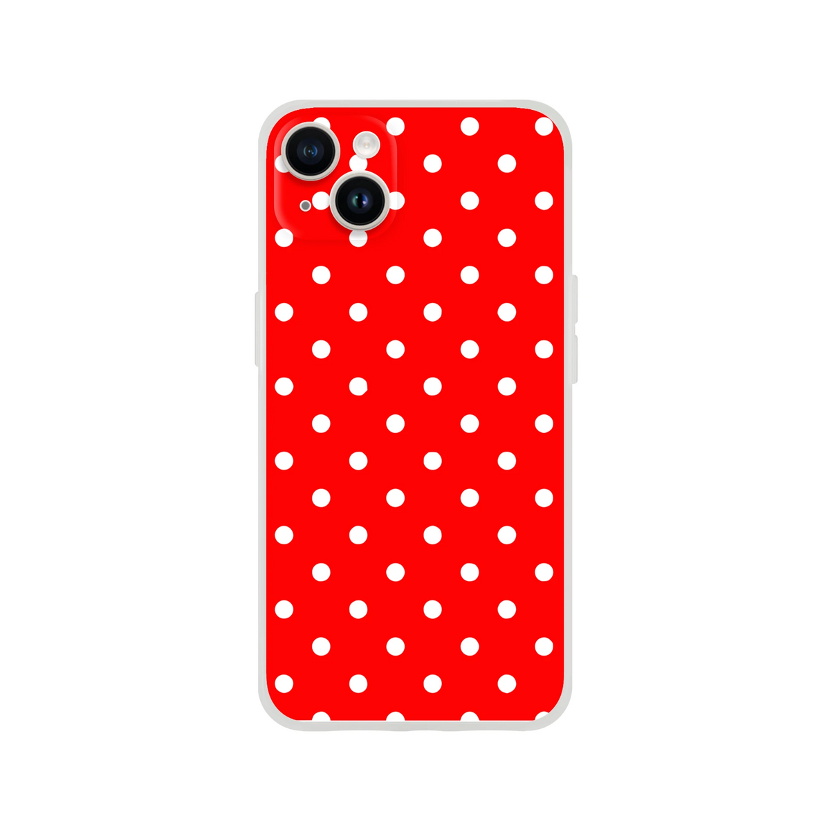 Retro red and white polka dot iPhone case featuring a slim TPU shell with shock-absorbing protection for models 13-16.