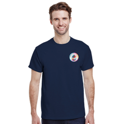 Man wearing navy blue t-shirt with colorful circular Urban Palm Trees graphic featuring a retro palm tree design on the left chest.