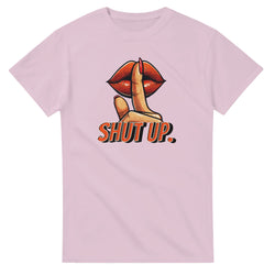 Pink Lips graphic T-shirt with finger to lips and SHUT UP. lettering