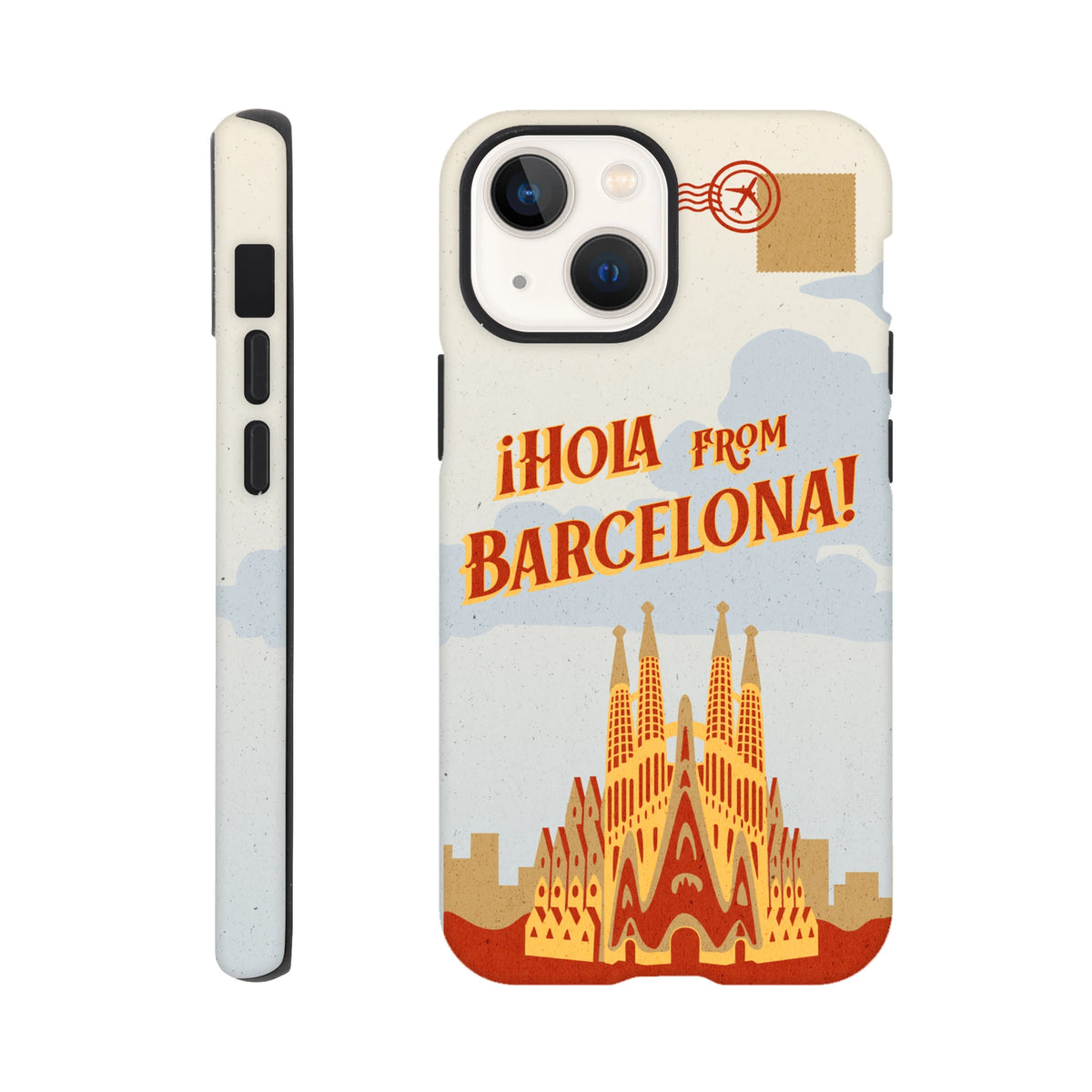 Barcelona Travel Postcard Tough iPhone Case for iPhone 13-16 with wraparound postcard art of Barcelona landmarks