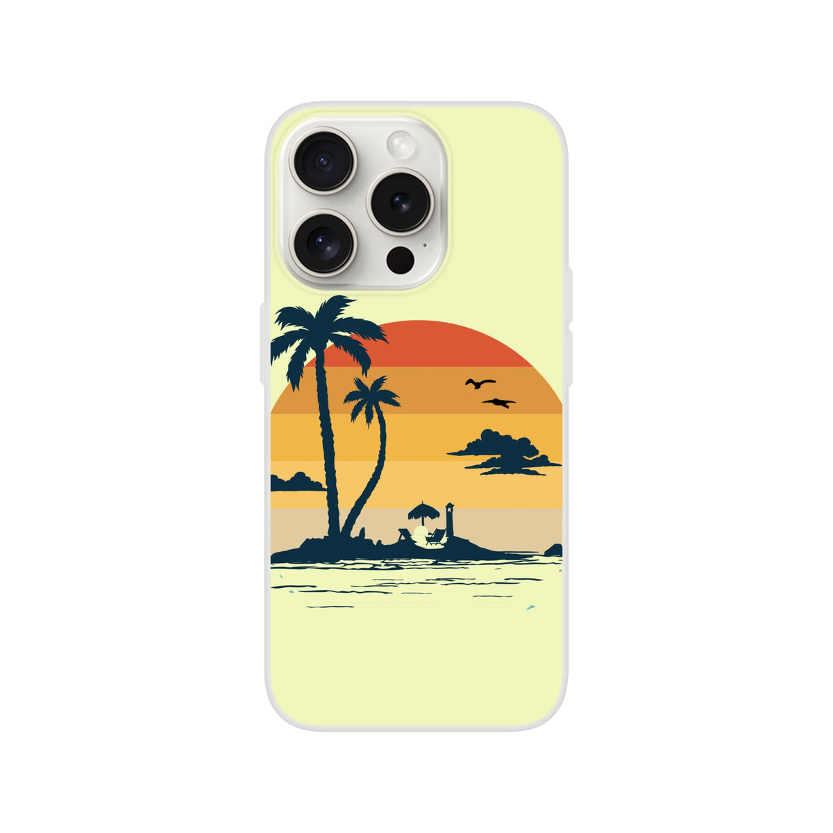 Retro Beach iPhone Case (13-16) with sunset palm tree design on pale yellow cover.