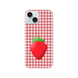 Cute Strawberry Gingham iPhone Case (13-16) in pink with a matte finish and strawberry gingham print.