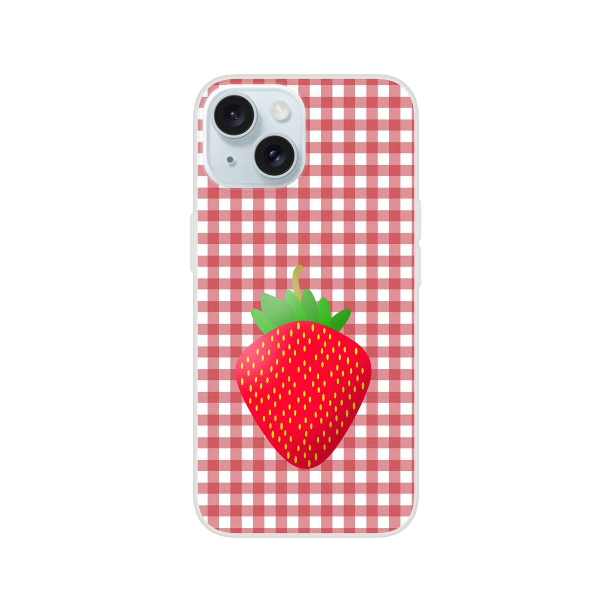 Cute Strawberry Gingham iPhone Case (13-16) in pink with a matte finish and strawberry gingham print.